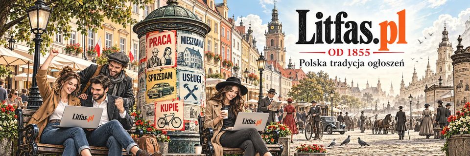 Litfas.pl — od 1855, polska tradycja ogłoszeń: słup ogłoszeniowy z afiszami na rynku starego miasta